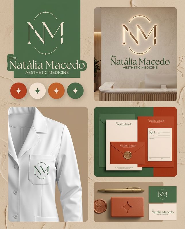 Brand board da Dra. Natália Macedo — monograma NM, paleta e aplicações