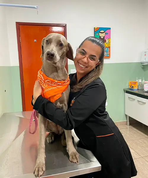 Veterinária abraçando um cachorro grande